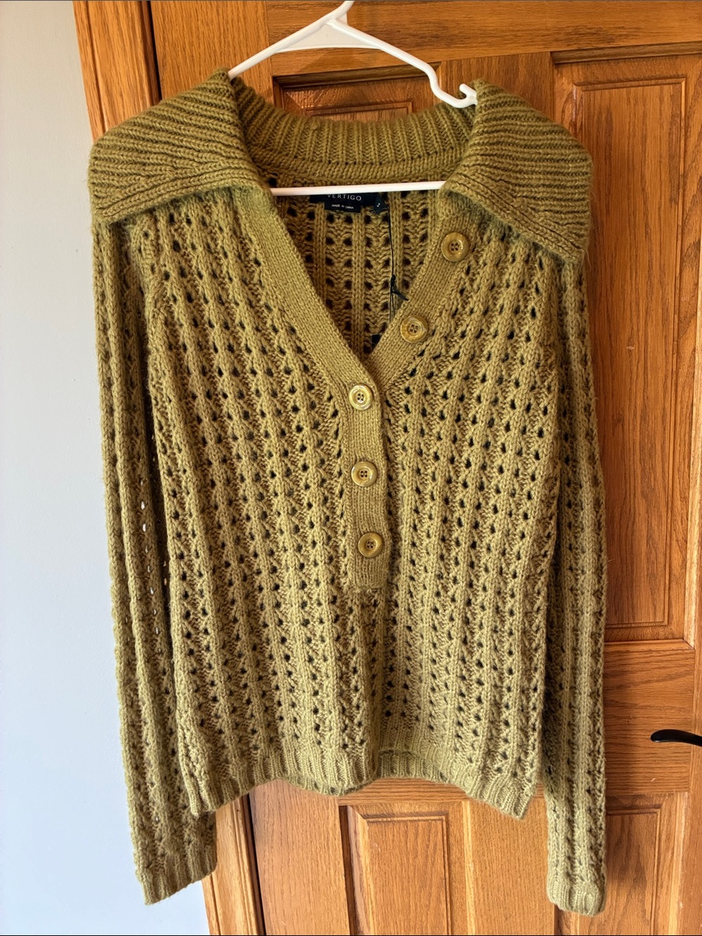 Vertigo Paris Olive Open-Knit V-Neck Button Sweater